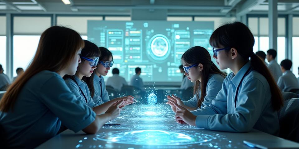 成功事例のビジュアル:未来的な教育技術を活用し学習する学生たち