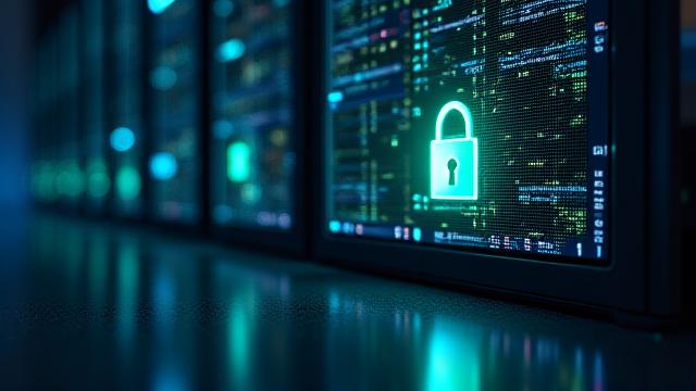 データのセキュリティと保護を象徴するサーバーとロックのアイコン